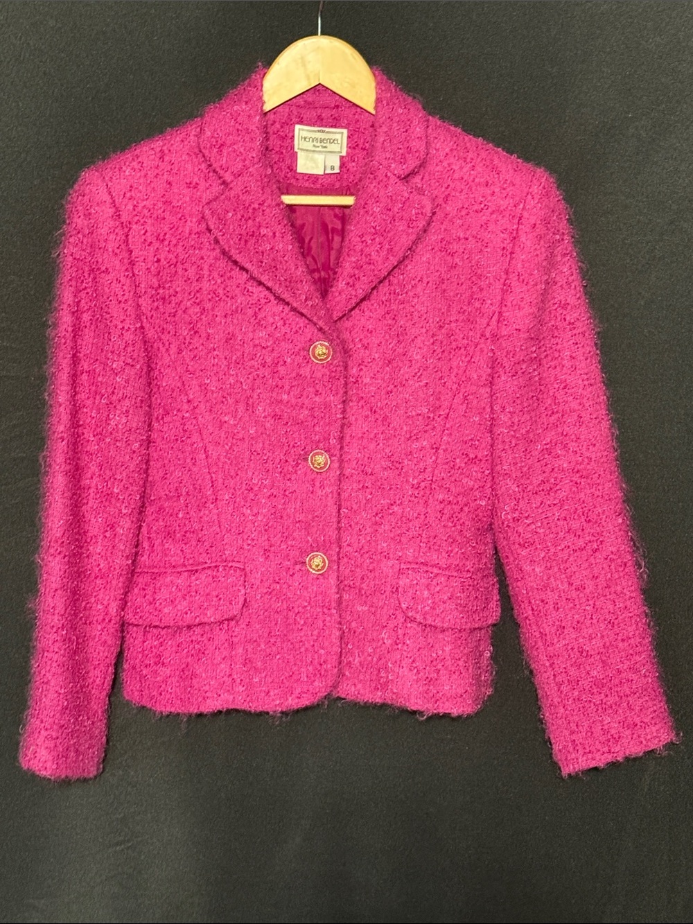 Henri Bendel Pink Wool-Blend Vintage Bouclé Blazer with Gold Buttons